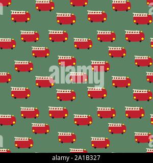 seamless vector pattern with little red toy fire engines on a green background Stock Vector