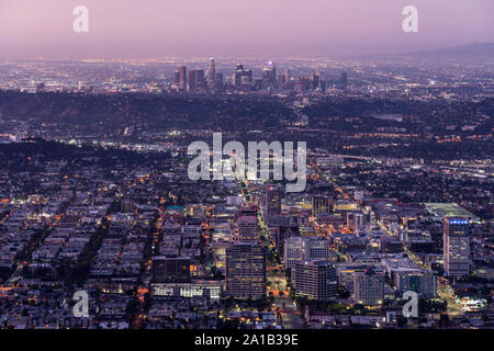 Glendale, California, USA - September 22, 2019:  Twilight cityscape view of downtown Los Angeles and the Glendale central business district. Stock Photo