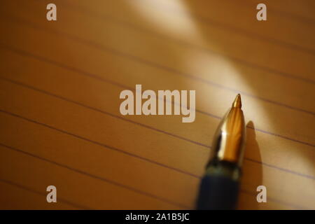 pen on notebook paper in a line, macro photo, place for text. Stock Photo