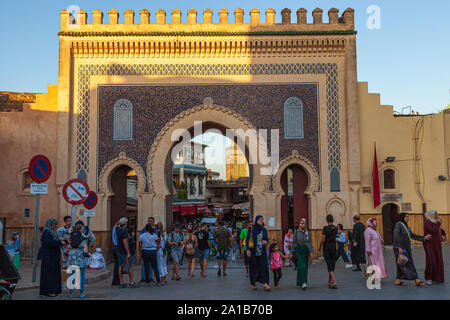 The blue gate Bab Abi al-Jounoud or Bab Bou Jeloud is an ornate city gate and the main western entrance to Fes el Bali, the old city of Fez, Morocco Stock Photo