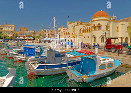 Port and fishing harbour at Pothia, Kalymnos Island in the Dodecanese group, Greece. Stock Photo