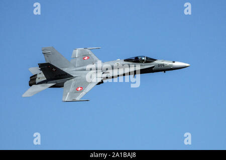 Swiss Air Force McDonnell Douglas-Boeing F/A-18 Hornet fighter flying Stock Photo