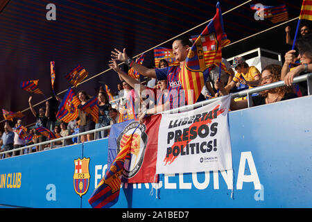 Barcelona, Spain. 25th Sep, 2019. SANT JOAN DESPI, SPAIN - SEPTEMBER 25: Fans of FC Barcelona celebrating during the UEFA Women's Champions League Round 32 match between FC Barcelona and Juventus FC at Johan Cruyff Stadium, on September 25, 2019 in Barcelona, Spain. (Photo by Daniela Porcelli/SPP) Credit: Sport Press Photo/Alamy Live News Stock Photo