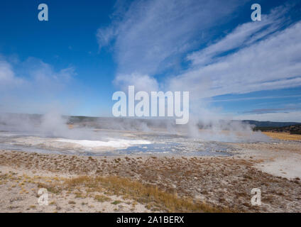 Hot springs steaming, Midway Geyser Basin, Yellowstone National Park, Wyoming, USA