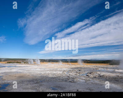Hot springs steaming, Midway Geyser Basin, Yellowstone National Park, Wyoming, USA