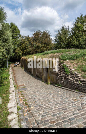Hospital bunkers at Essex Farm WWI Cemetery on the Salient near Ypres where Col John McCrae served when he wrote the WWI poem in Flanders Fields Stock Photo