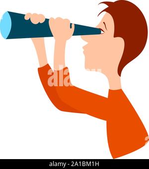 Boy with telescope, illustration, vector on white background. Stock Vector