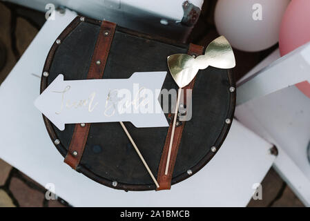 Stylish original and small retro chest, original wedding decor. Stock Photo
