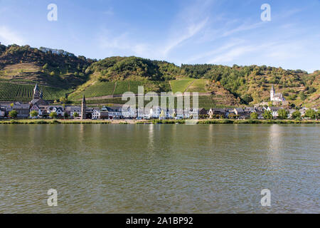 The wine village at the Mosel, Hatzenport, Untermosel, St.Rochus church, left and the ferry tower,  St. John's Church right, Stock Photo