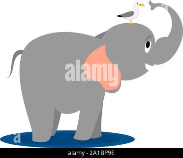 Gull and elephant, illustration, vector on white background. Stock Vector