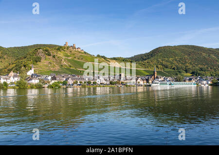 Moselle town Alken, river cruise ship, Amadeus Elegant, on the shore, Thurant Castle, Stock Photo