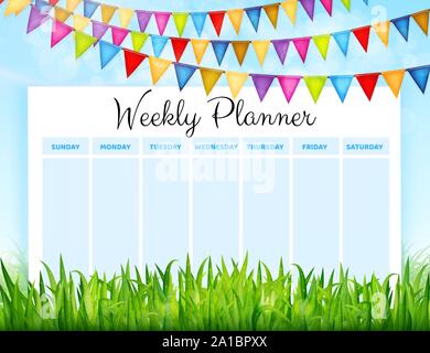 Weekly planner with colorful flags and green grass background. Vector illustration Stock Vector