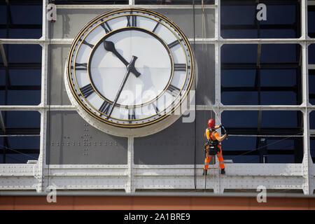 Manchester Central getting a jet wash clean, the former railway station now a conference centre Stock Photo