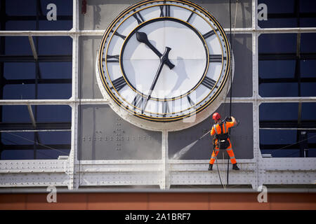 Manchester Central getting a jet wash clean, the former railway station now a conference centre Stock Photo