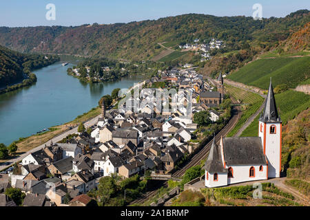 The wine village at the Mosel, Hatzenport, Untermosel, St.Rochus church, on the right and the ferry tower, St. John's Church, in front, Stock Photo