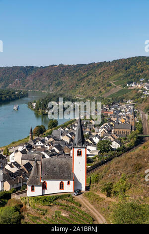 The wine village at the Mosel, Hatzenport, Untermosel, St.Rochus church, on the right and the ferry tower, St. John's Church, in front, Stock Photo