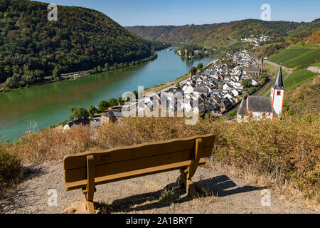 The wine village at the Mosel, Hatzenport, Untermosel, St.Rochus church, on the right and the ferry tower, St. John's Church, in front, Stock Photo