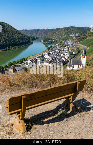 The wine village at the Mosel, Hatzenport, Untermosel, St.Rochus church, on the right and the ferry tower, St. John's Church, in front, Stock Photo