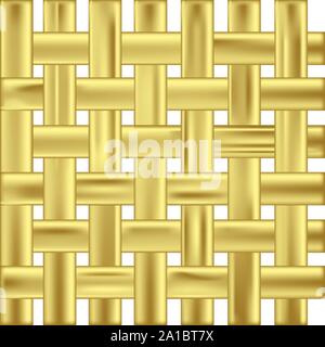 Vector interlacing of golden stretched ribbons pattern isolated on white background. Texture of golden woven woven beige fabrics. Stock Vector