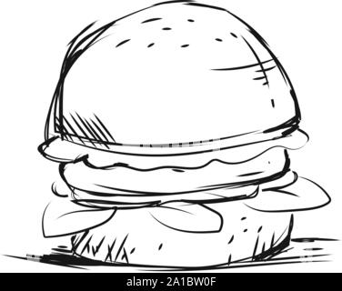 Burger drawing, illustration, vector on white background. Stock Vector