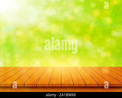 Empty wooden table top on blurred abstract green background. Spring and Summer concept. Vector illustration Stock Vector
