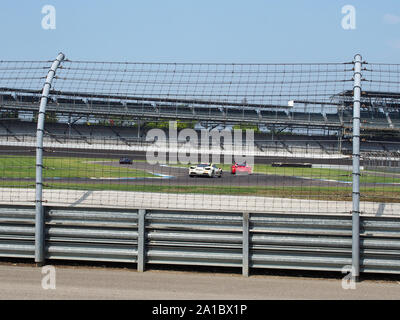 Ferraris racing in the North America Ferrari Challenge at the Indianapolis Motor Speedway, Indiana, July 28, 2019, © Katharine Andriotis Stock Photo