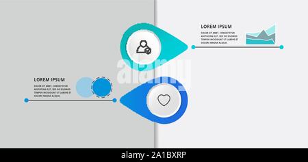Vector modern infographic flat template pin for two paper label, diagram, graph, presentation. Business concept with 2 options and marks. Blank space Stock Vector