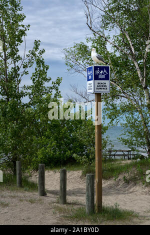 Canada Ontario Collingwood, a sandy path to the beach, a seagull sits at the entrance to the beach on a signpost Stock Photo