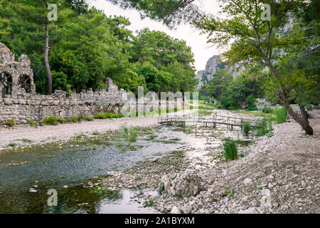 View on the ancient ruins of Lycian town of Olympos, Turkey. Stock Photo