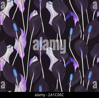 Lilies violet flowers seamless pattern on black Stock Photo