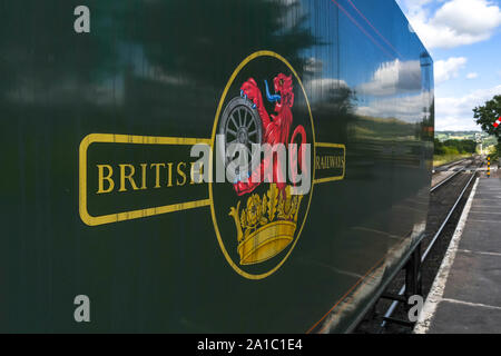CHELTENHAM, ENGLAND - SEPTEMBER 2019: Close up of the original British Railways logo on the tender of the Peninsular and Oriental steam locomotive Stock Photo