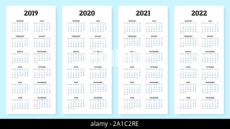 Annual calendar 2019, 2020, 2021 and 2022 template. Vector illustration Stock Vector