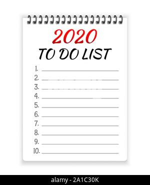 2020 to do list. Open spiral notebook paper vector background Stock Vector