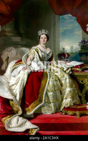 Queen Victoria (1819-1901) wearing the crimson velvet and ermine lined Robes of State or Parliament Robe sat next to the Imperial State Crown with the Palace of Westminster visible in the background. Photograph of oil painting by Franz Xaver Winterhalter (1805-1873) in 1859. Stock Photo