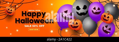 Halloween Sale banner with calligraphy text, paper bats, spiders, spiderwebs. Stock Vector