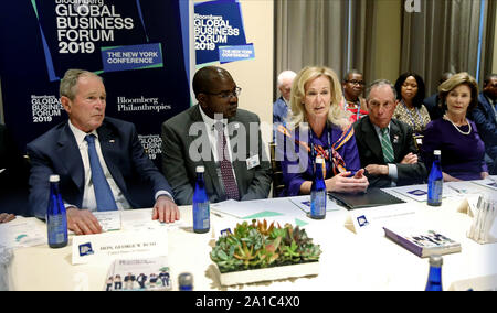Deborah Birx, center, from the US Department of State, talks as Former US President George Bush (L), Michael Bloomberg, second right, and Former First Lady Laura listen during a meeting with African leaders to discuss the progress of HIV/AIDS in Africa at the third annual Bloomberg Global Business Forum held at the Plaza Hotel in New York City on Wednesday, September 25, 2019. Political and business leaders attending the forum are discussing how climate changes effects the world's economy and possible solutions to the crisis. Photo by Monika Graff/UPI Stock Photo