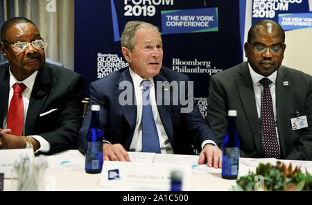 New York, United States. 25th Sep, 2019. Former US President George Bush meets with African leaders to discuss the progress of HIV/AIDS in Africa at the third annual Bloomberg Global Business Forum held at the Plaza Hotel in New York City on Wednesday, September 25, 2019. Political and business leaders attending the forum are discussing how climate changes effects the world's economy and possible solutions to the crisis. Photo by Monika Graff/UPI Credit: UPI/Alamy Live News Stock Photo