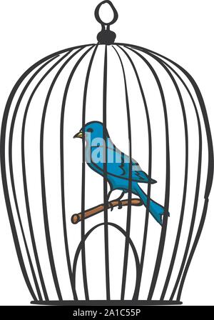 Bird in cage, illustration, vector on white background. Stock Vector
