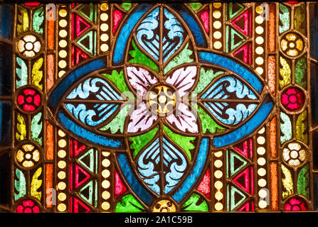 Colorful stained glass window fragment from Matthias Church. Stock Photo