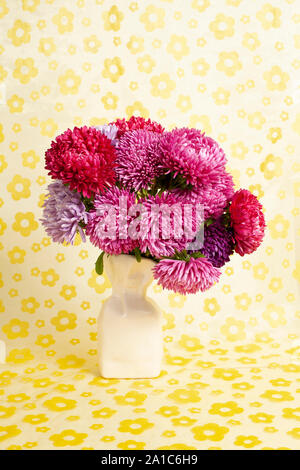 Beautiful multicolored aster Callislephus chinensis in a white vase on a yellow background Stock Photo