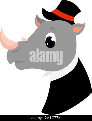 Rhino with hat, illustration, vector on white background. Stock Vector