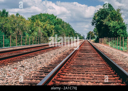 Railroad tracks in the city going to the horizon lined by trees and a fence Stock Photo