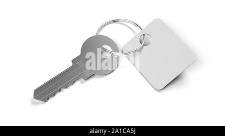 Key isolated on white background. White square blank plastic tag. White empty label keyring. Stock Photo