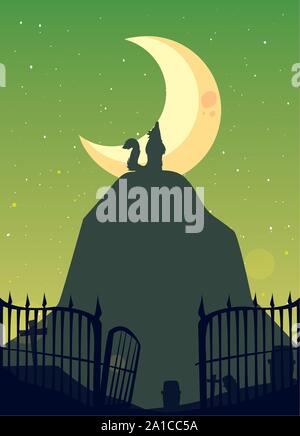 wolf howling with moon in cemetery scene vector illustration design Stock Vector