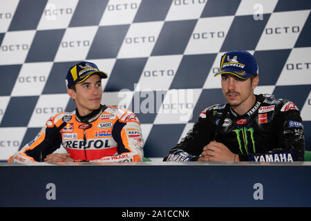 Misano Adriatico, Italy. 15th Sep, 2019. Marc Marquez, Spanish rider and MotoGP World Champion with number 93 for Repsol Honda Team - Maverick Vinales, Spanish rider number 12 for Yamaha Monster Team in MotoGP (Photo by Lorenzo Di Cola/Pacific Press) Credit: Pacific Press Agency/Alamy Live News Stock Photo