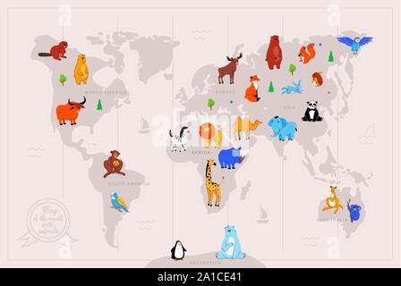 Animals on world map flat vector illustration Stock Vector