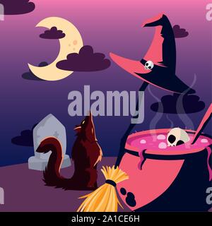 wolf howling in scene of halloween vector illustration design Stock Vector
