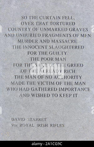 A poem by David Starret of the 9th Royal Irish Rifles at the Island of Ireland Peace Park in Messines, Belgium Stock Photo