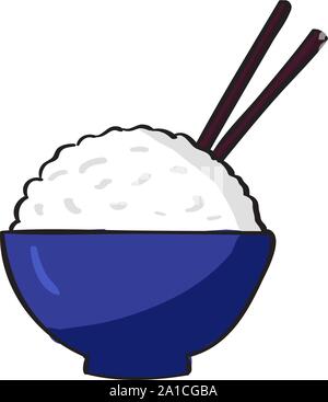 Rice in blue pot, illustration, vector on white background. Stock Vector