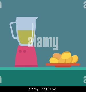 Juicer and apricots, illustration, vector on white background. Stock Vector